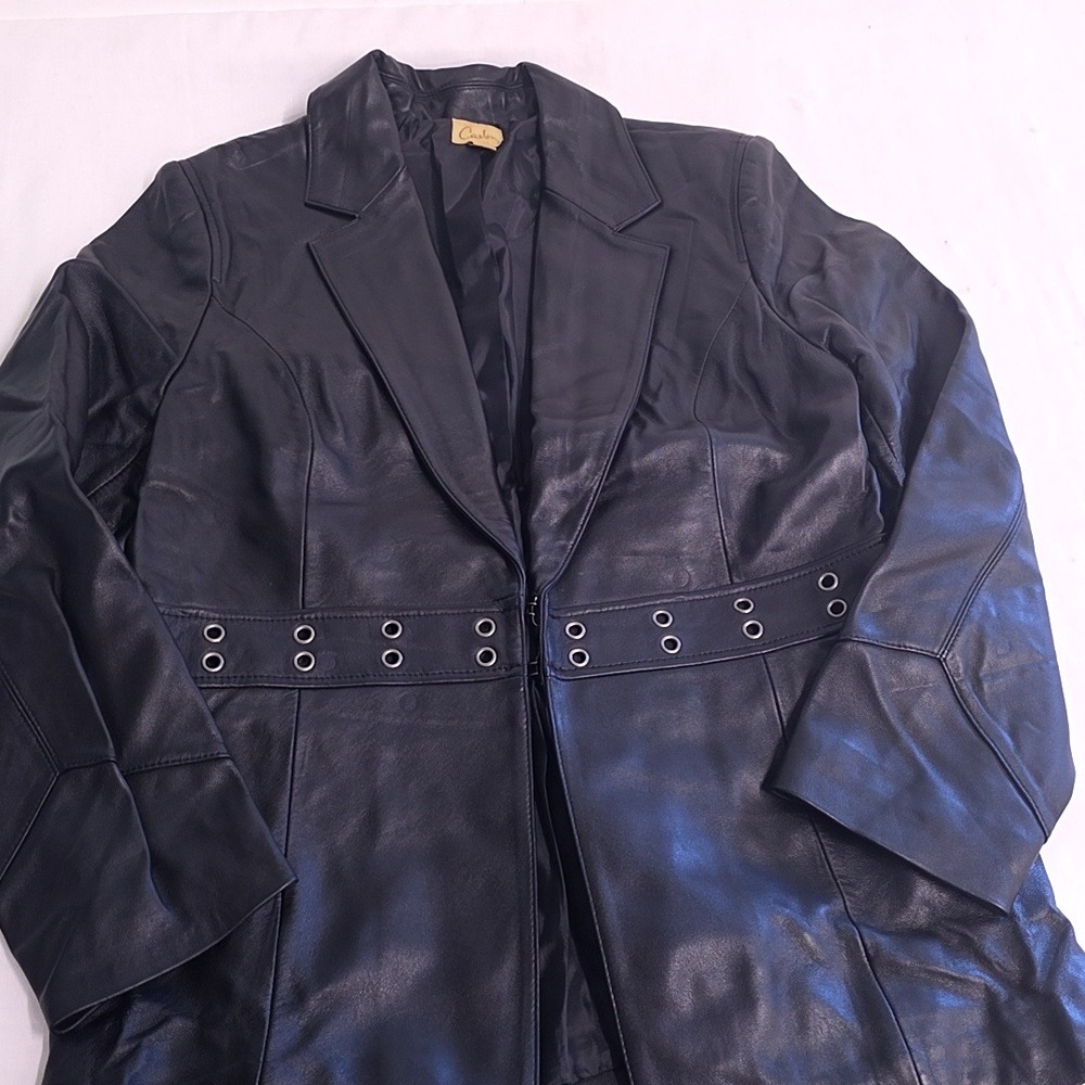 Vtg Caslon Leather Jacket Womens M Black Lambskin Grommet Waist Biker Moto Y2K